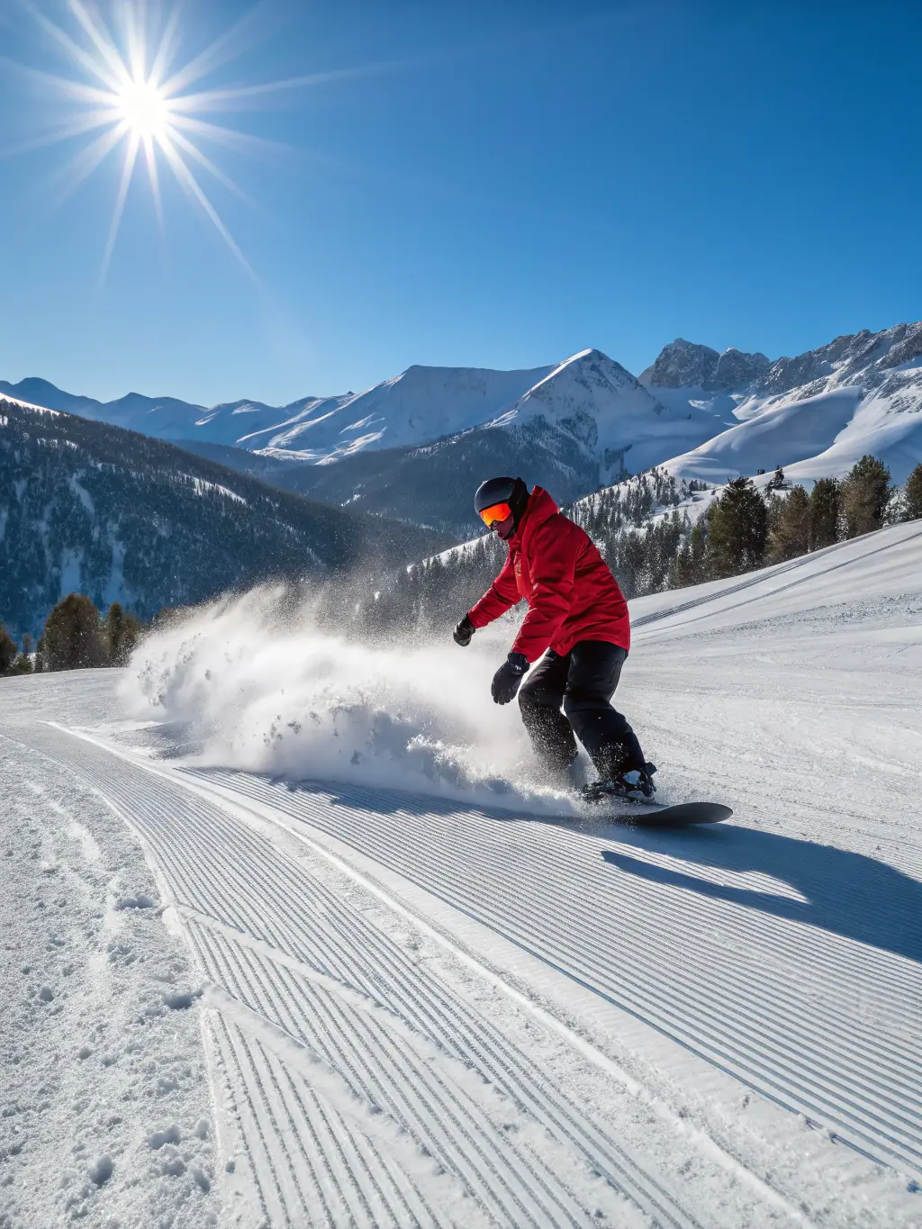 A snowboarder executing a jump in a snowy terrain park in Tignes, France, demonstrating the advanced training and exciting environment of UCPA's snowboarding program.