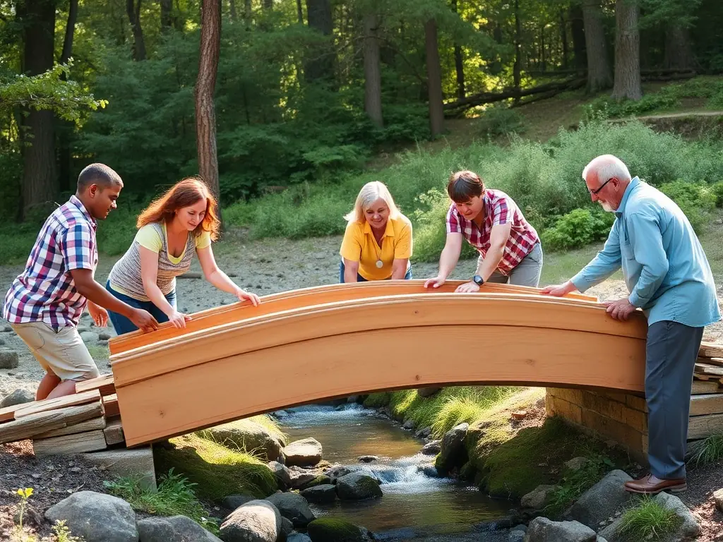 A group of young adults laughing and working together to assemble a climbing wall, showcasing teamwork and problem-solving skills in a UCPA SPORT VACANCES program.