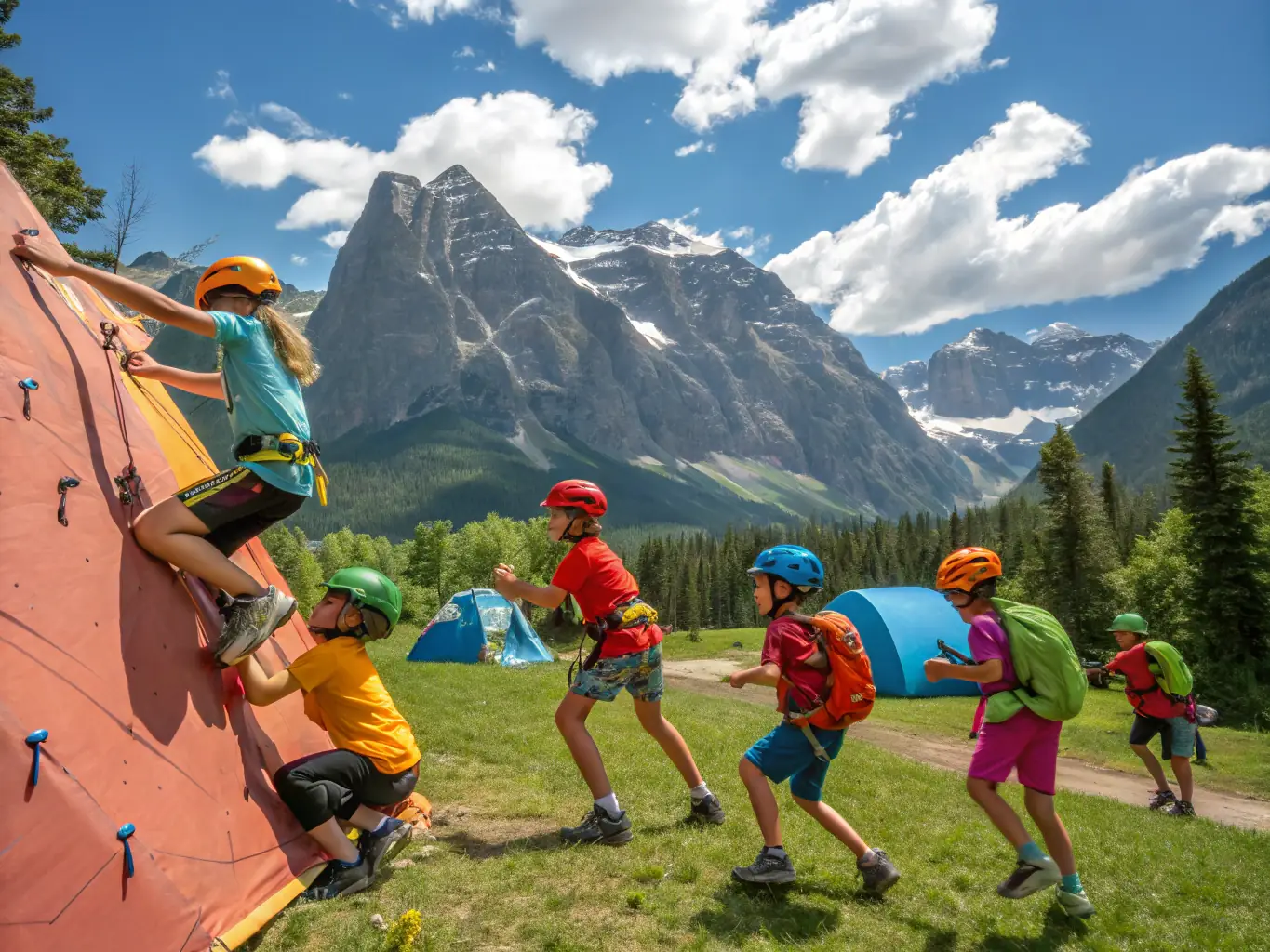 A scenic shot of a UCPA SPORT VACANCES camp nestled in the mountains, with participants engaging in various outdoor activities like hiking and rock climbing.