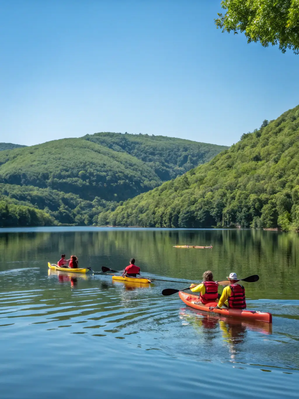 A dynamic shot of young athletes kayaking on a calm lake during a UCPA summer camp in the French Alps, showcasing teamwork and outdoor adventure.