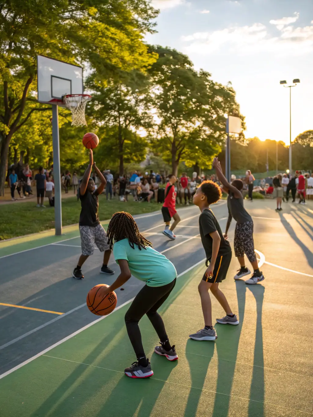A vibrant image of young athletes participating in a basketball training session at a USV sports camp, focusing on teamwork and skill development.