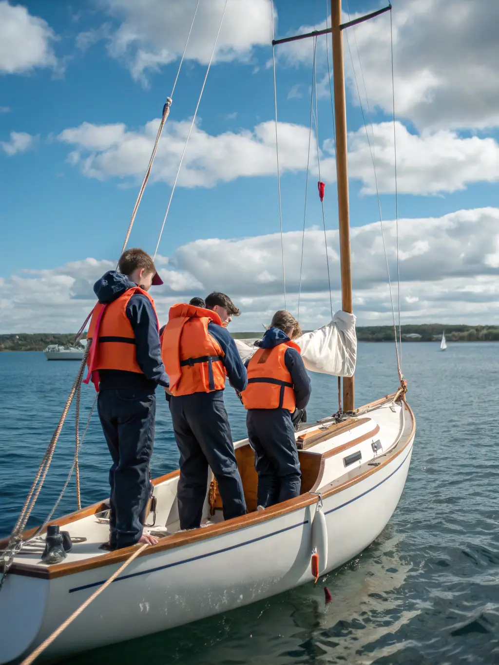 A dynamic image of young sailors learning to sail at a USV sailing camp, highlighting the excitement of water sports and skill acquisition.
