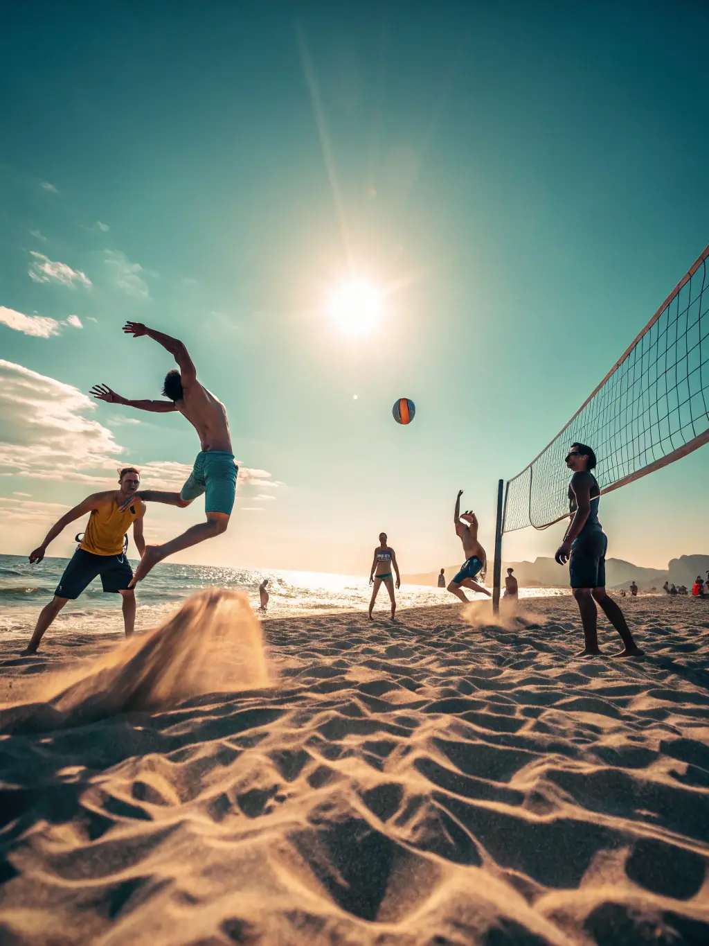 A diverse group of participants playing beach volleyball on a sunny beach in Biarritz, France, emphasizing the fun and social aspect of UCPA's beach sports camp.